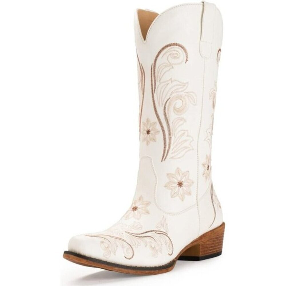 Iuv Women's Embroidered Cowboy Boots - Mid Calf Western Snip Toe Cowgirl Boots